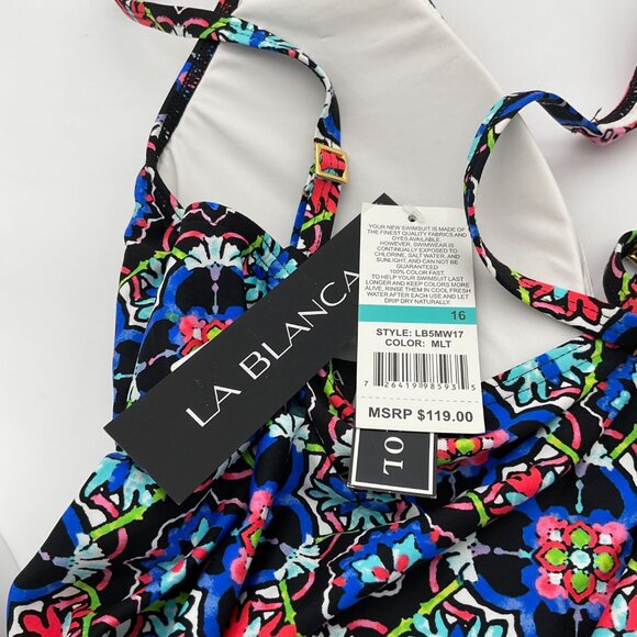 La Blanca Casa Azul Colorful Tiles 1-pc Swimsuit Tie Front w/accents Sz 16 NWT - Picture 11 of 12